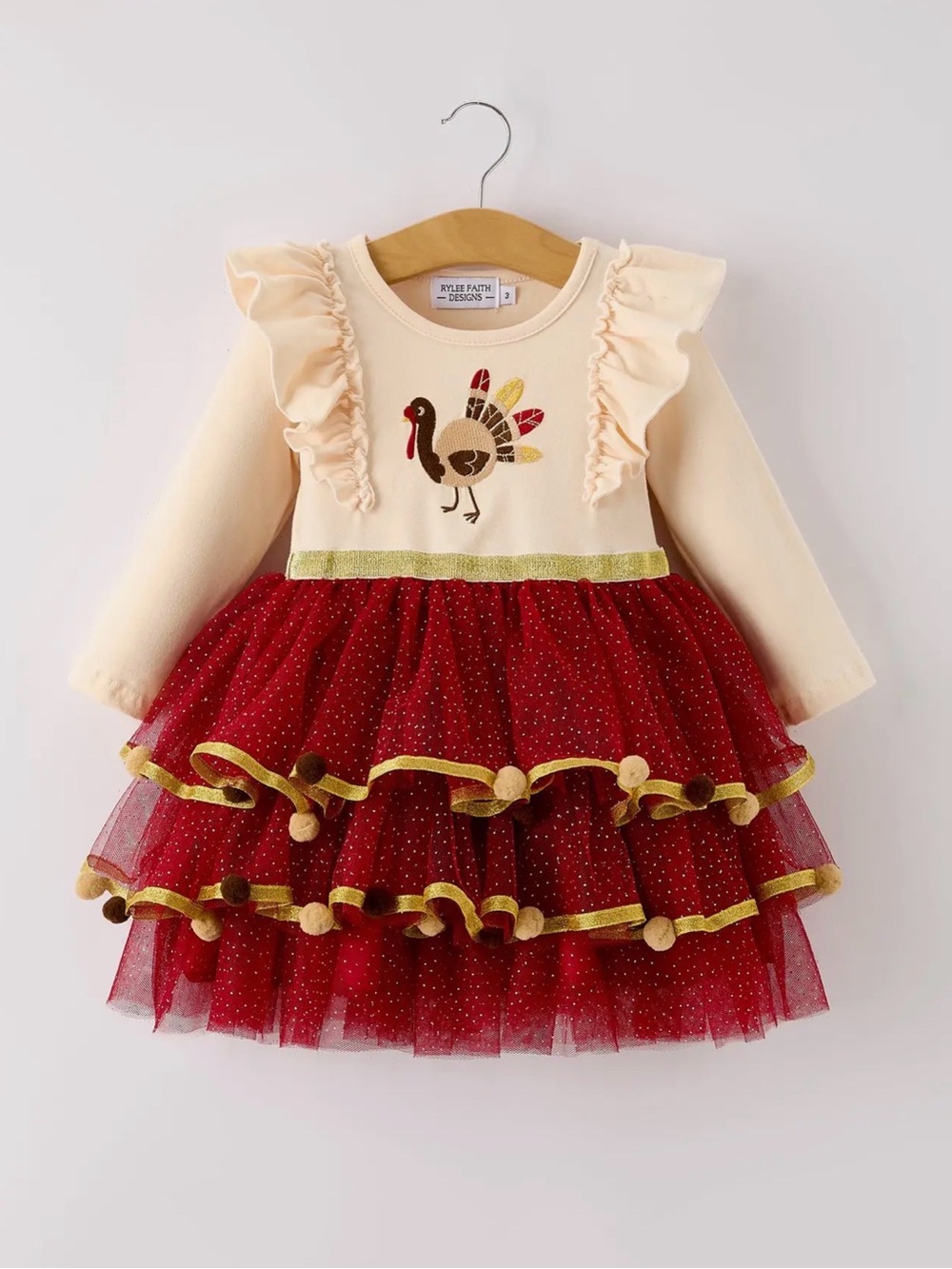 Rylee Faith Autumn Thanksgiving Tulle Red Girls Long sleeve Dress